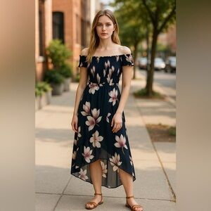 SHEIN Navy Floral Maxi Dress | Off-Shoulder Smocked Bodice | Size Small